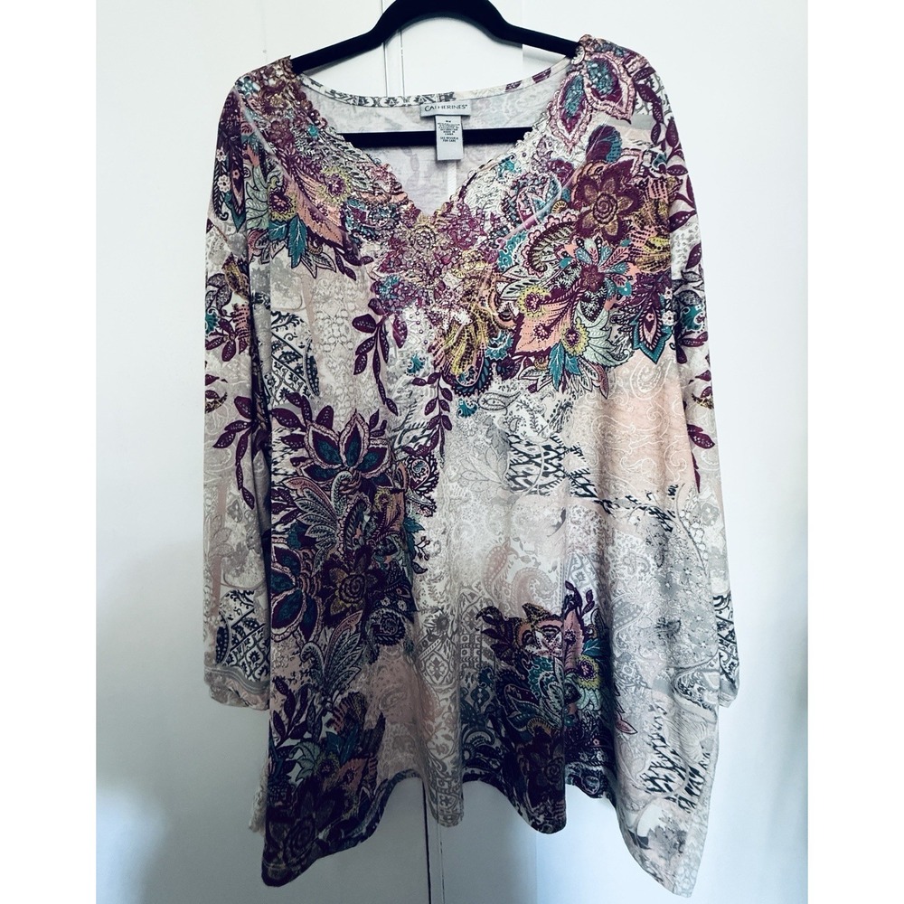Catherines 3X Embellished Paisley Tunic Top Boho Floral Lace Plus Size Blouse
